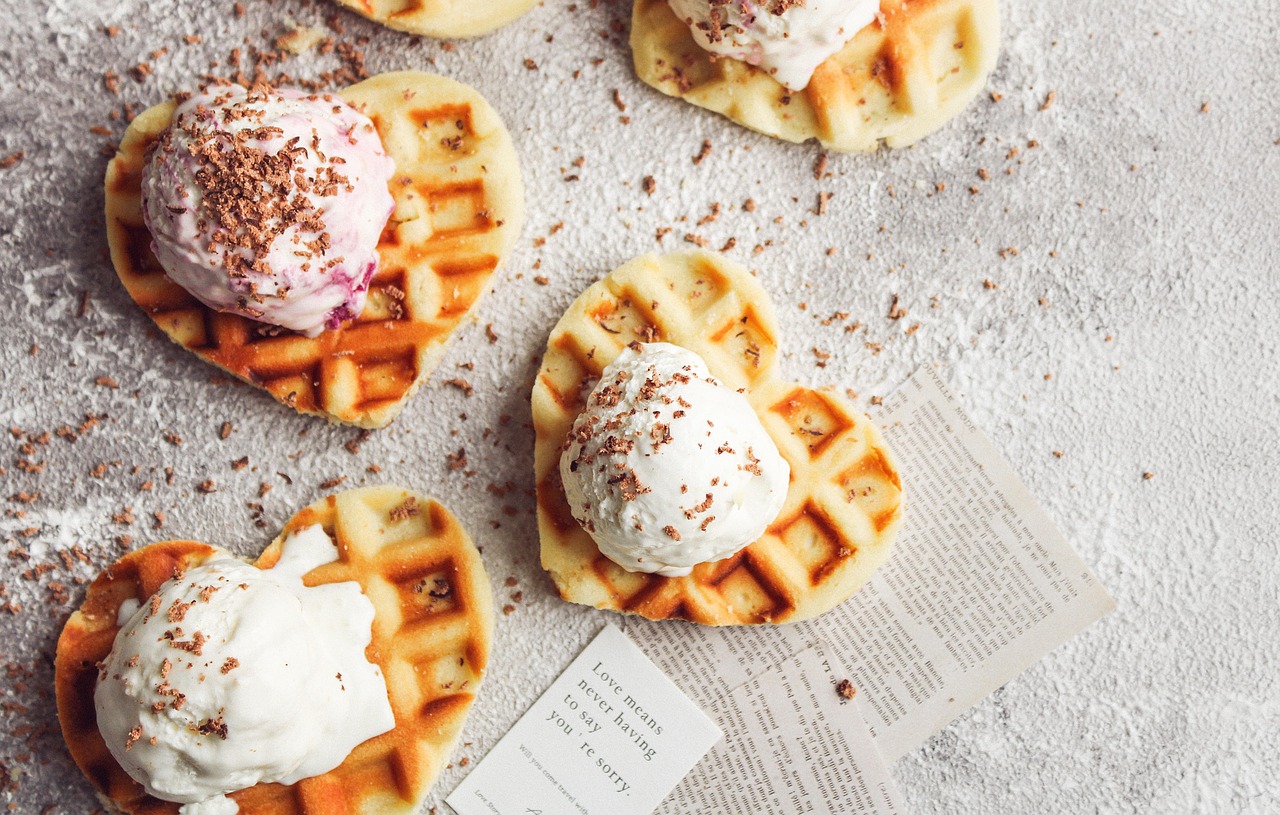 waffles, ice cream, love, romantic, heart, chocolate